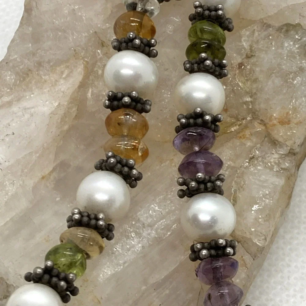 Vintage Pearl Amethyst Peridot Citrine‎ 20'' Necklace Sterling 925 Silver 42.2g